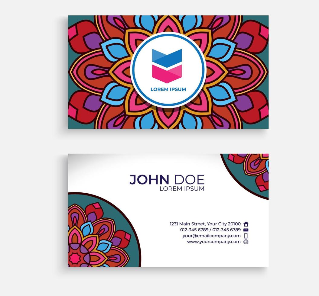 Embroidery style colorful mandala business card design. Bright floral ornamental elements, Indian, Asian, Arabic, Islamic, and ottoman motif. Vector illustration