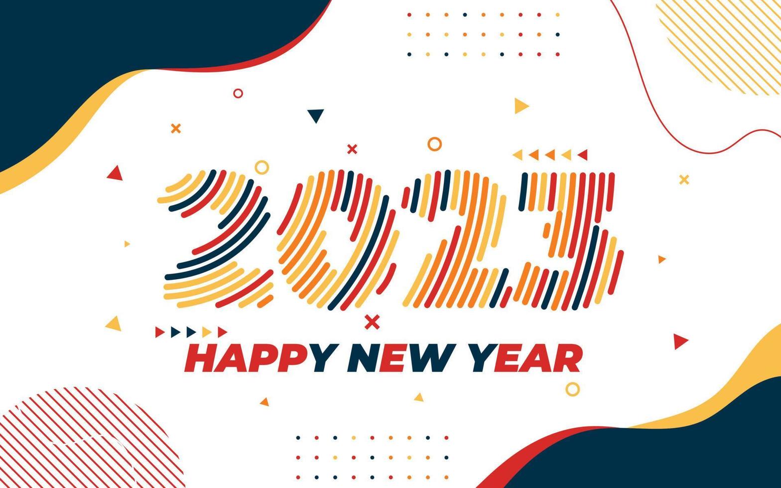Happy new year 2023 greeting card template, Trendy typography with geometric hipster pattern in Memphis style, 2023 logo background, Applicable for banner, calendar, invitation, flyer, social media vector