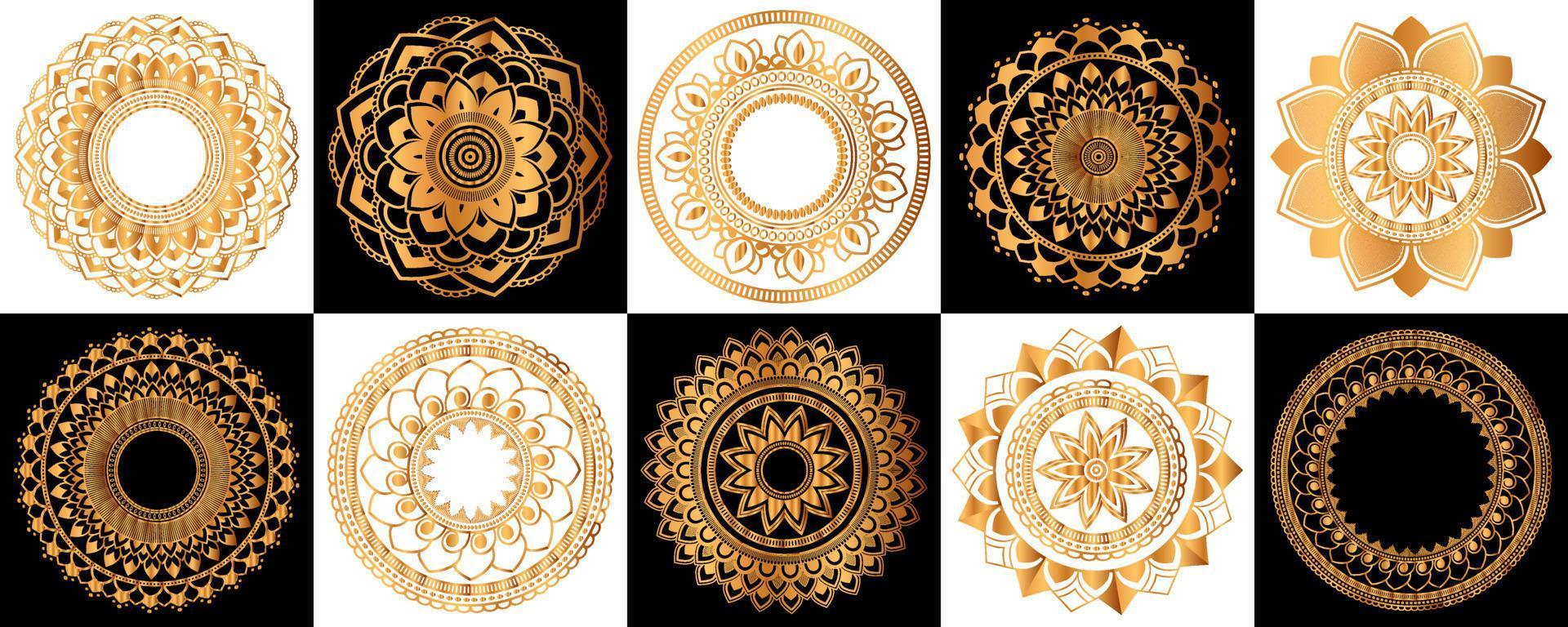 Set of gold zentangle mandalas, Mandala for henna, mehendi, tattoo, Decorative ethnic ornamental elements, Oriental patterns vector
