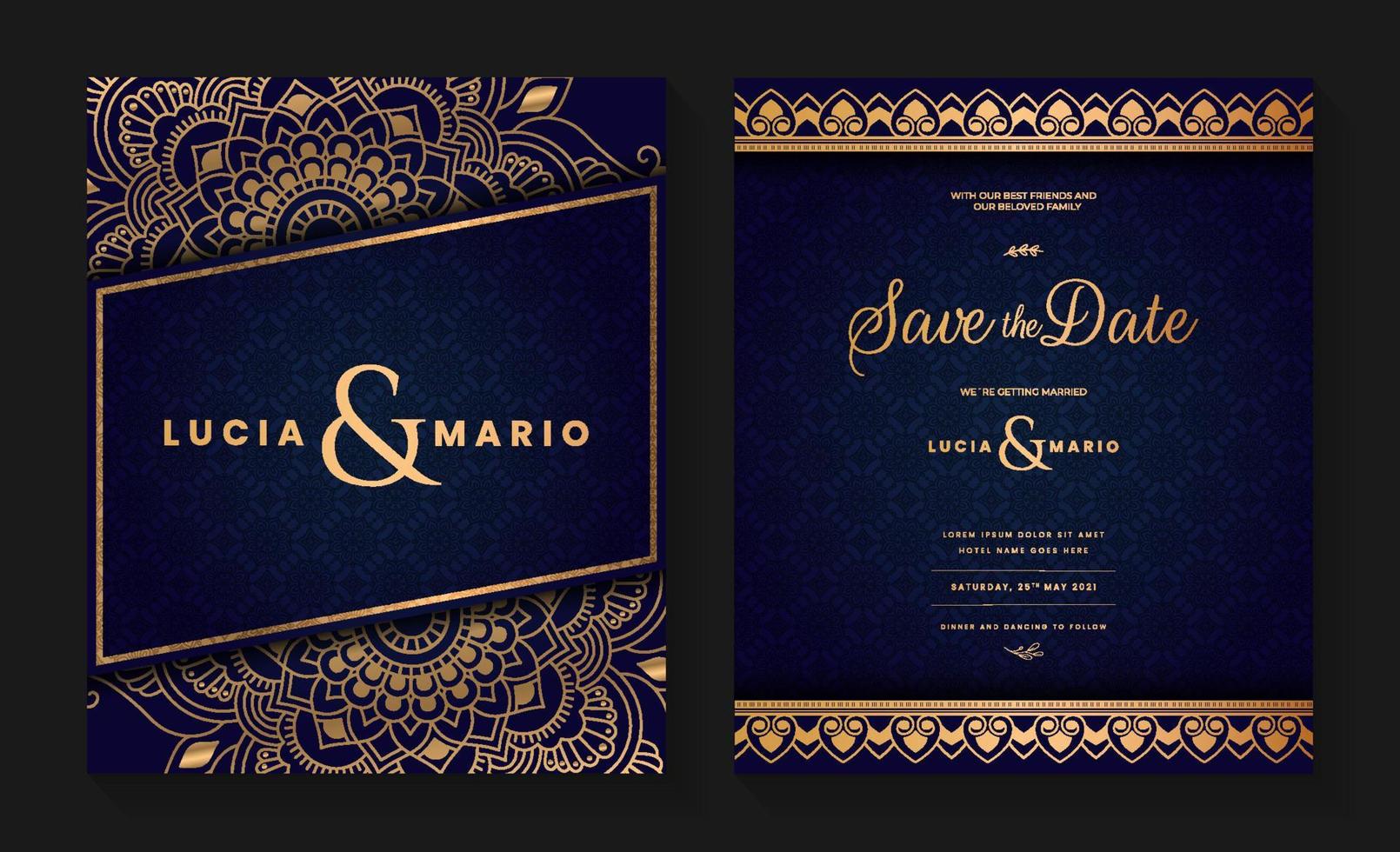 Luxury wedding invitation card design with golden mandala and abstract pattern, Arabic Islamic east background style, Decorative ornamental mandala for print, poster, cover, flyer, and banner. vector