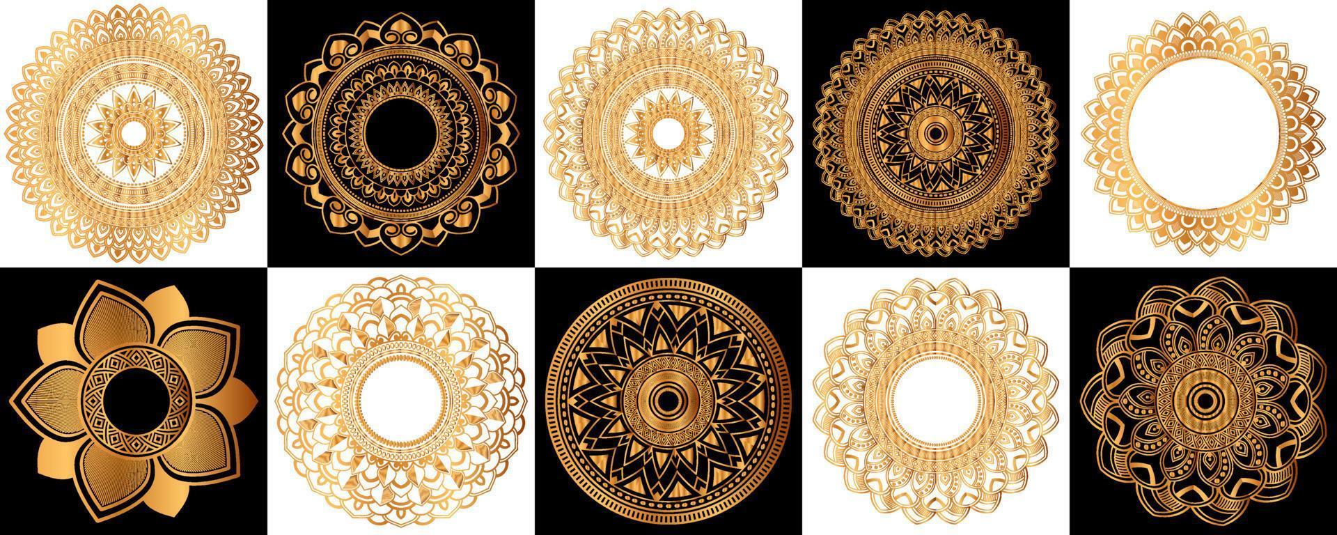 conjunto de mandalas zentangle dorados, mandala para henna, mehendi, tatuaje, elementos ornamentales étnicos decorativos, motivos orientales vector