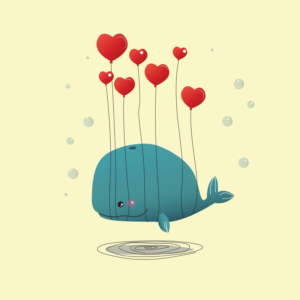 cute smiling whale with heart-shaped balloons tied to it vector