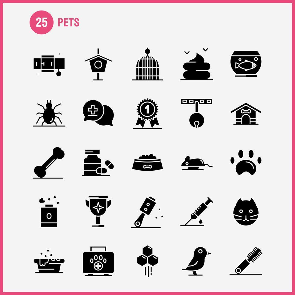 iconos de glifo sólido de mascotas establecidos para infografía kit de uxui móvil y diseño de impresión incluyen botella de medicina médica para mascotas bañera ducha conjunto de iconos de animales de mascotas vector