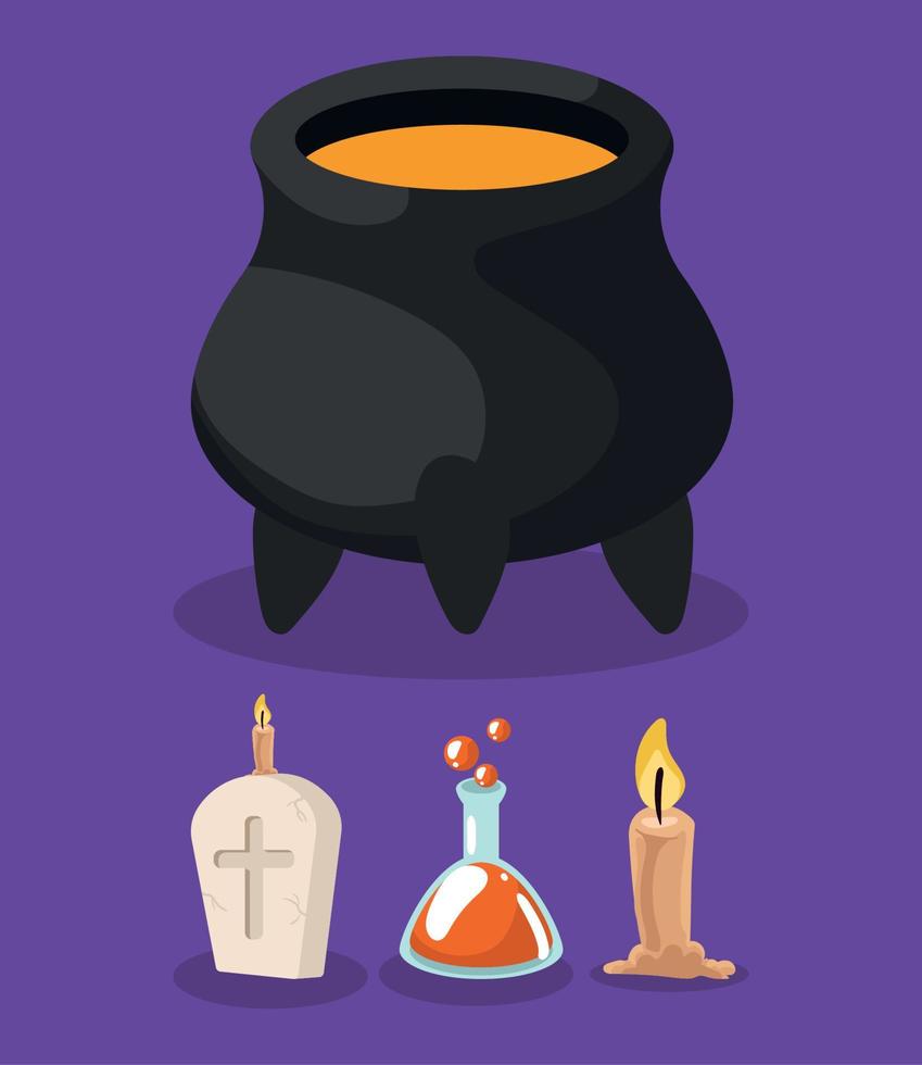 halloween cauldron and icons vector
