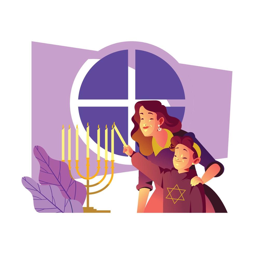 niño celebrando hanukkah con su madre vector