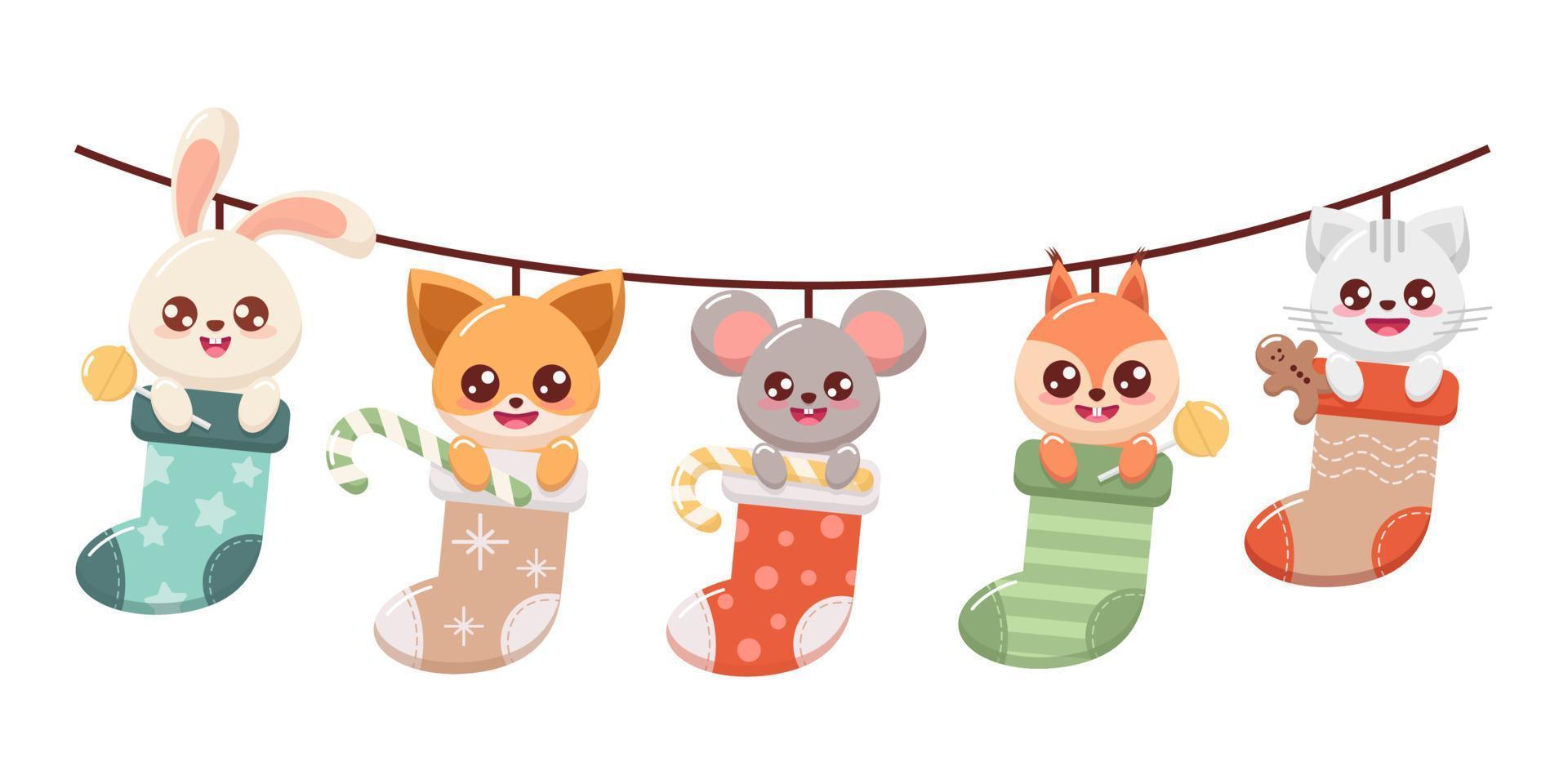 animals in Christmas gift socks vector