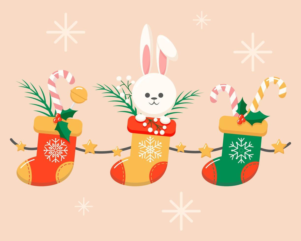 vector illustration gift festive new year socks with sweets and rabbit