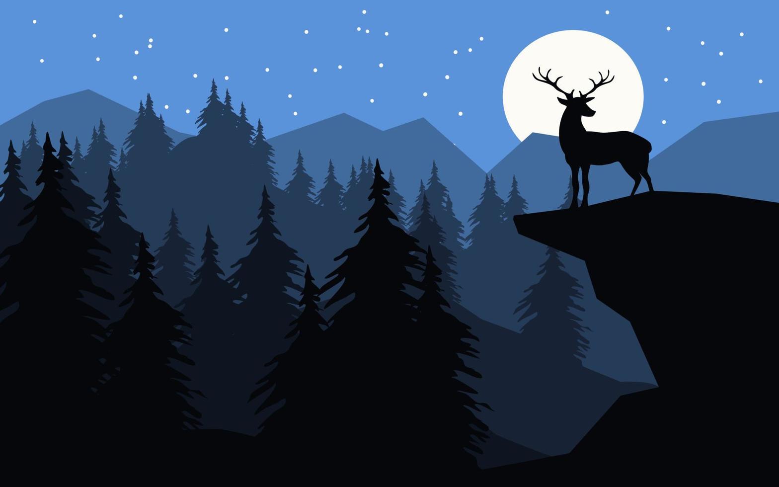 Night in mountain forest with deer on the hill, moon and stars. Vector night landscape