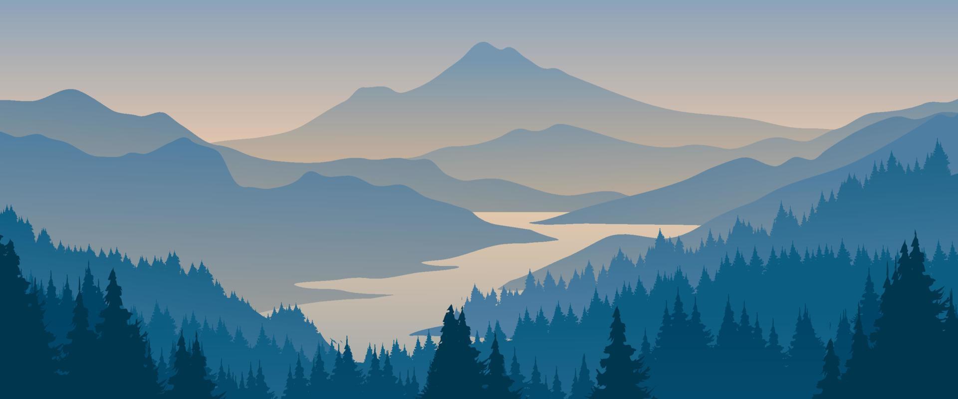 Vector mountain landscape illustration with lake and forest. Foggy mountain silhouette scenery