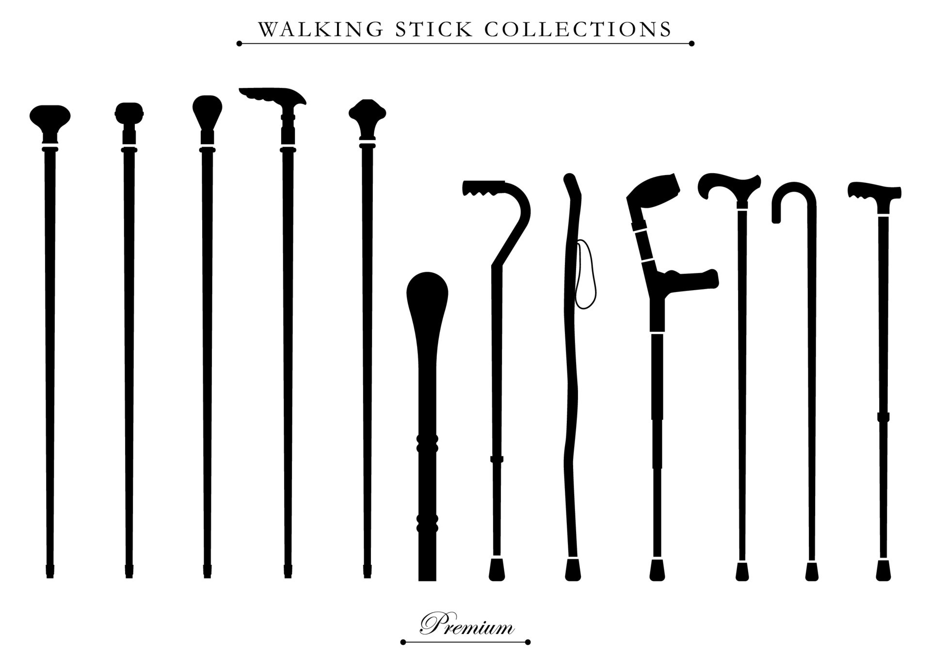 Walking stick collections illustration. Set of walking stick model and
