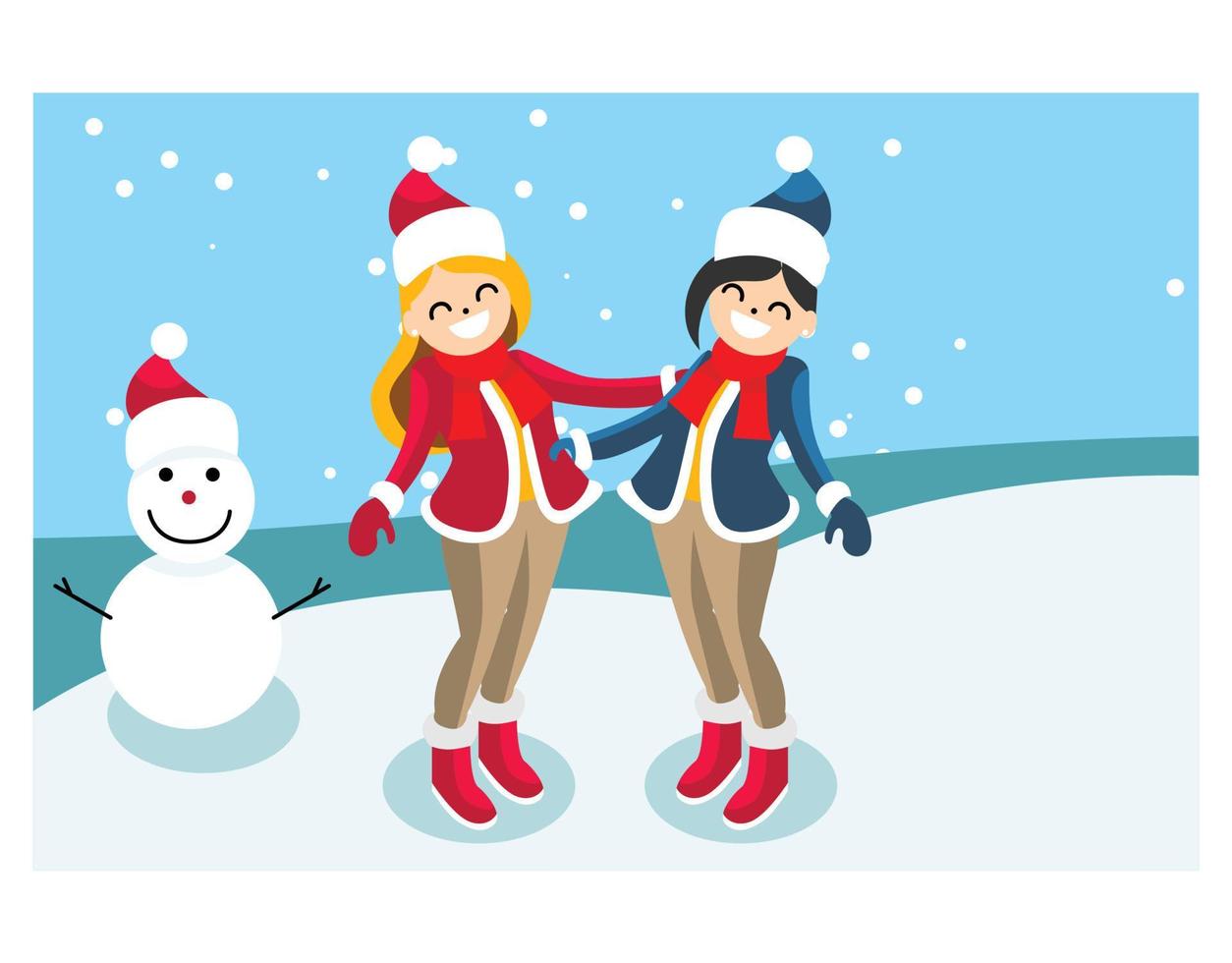 illustration vector snow mountain with visitors and snowball dolls.  Suitable for Diagrams, Infographics, And Other Graphic assets