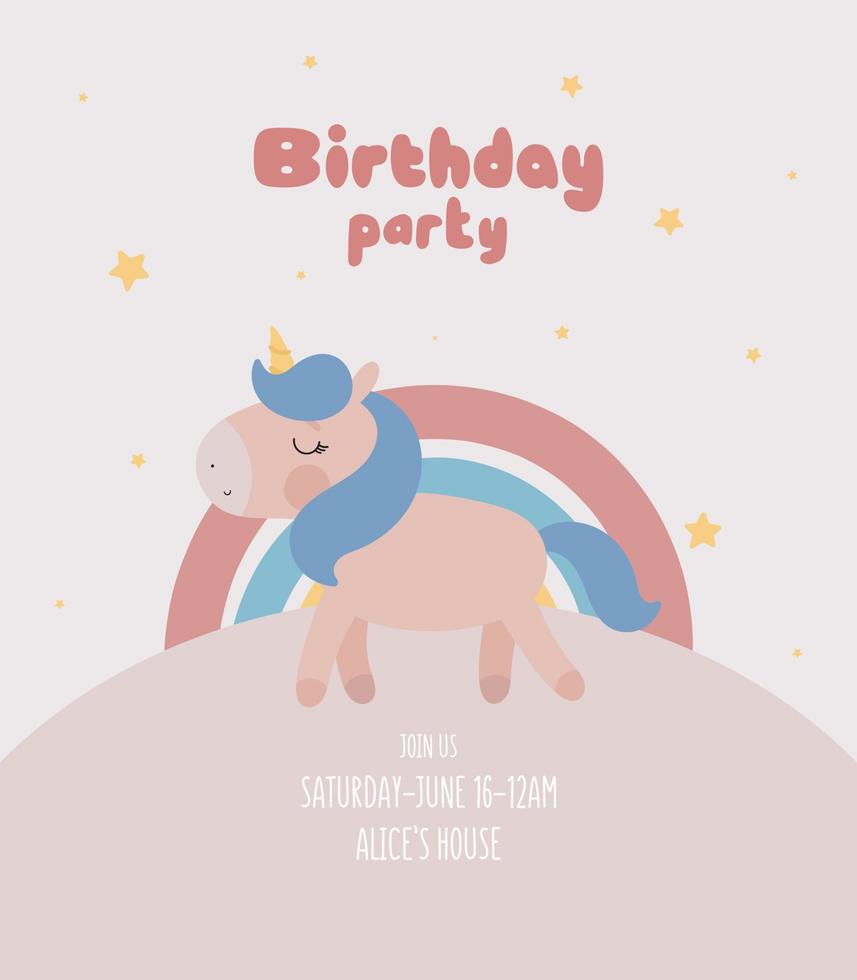 Birthday Party invitation with cute unicorn. Vector illustration in cartoon style.