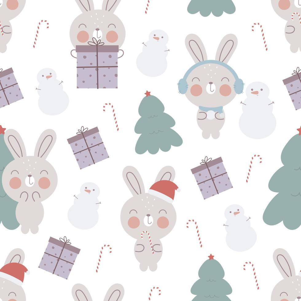 Christmas seamless pattern with cute Rabbit. For kids stuff, card, posters, banners, children books, printing on the pack, clothes, fabric, wallpaper, textile or dishes. vector