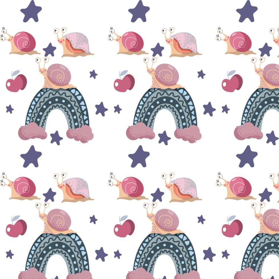 Cute snails with rainbow, stars and apples pattern vector