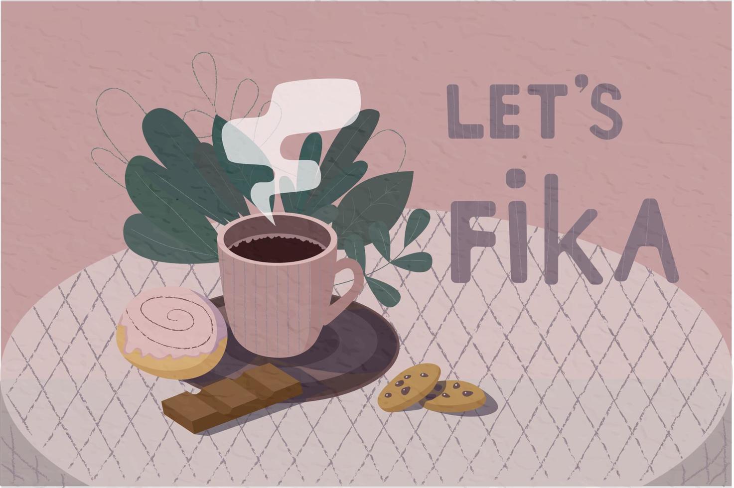 Coffee with cinnamon roll, chocolate and cookies on the table vector