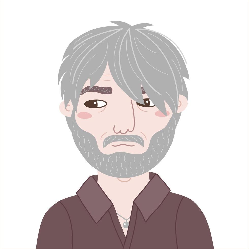 Portrait of a casual unsmiling Asian man with mustache and beard. Vector flat illustration of an old guy with looking sideways. An elderly in a shirt. Hand drawn cartoon avatar for social network.
