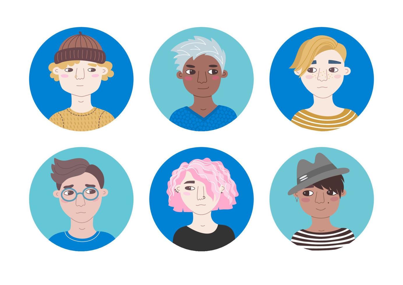 conjunto de retratos de personas andróginas. colección de avatar personas casuales de diferentes nacionalidades. ilustración de dibujos animados vectoriales aislada con fondos redondos. paquete para representar en la red social. vector