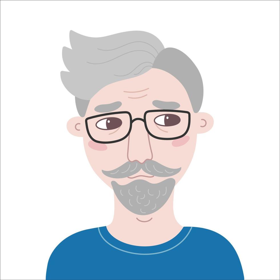 Portrait of a casual unsmiling man with mustache and beard. Vector flat illustration of a classy young guy with glasses looking sideways. Hand drawn cartoon avatar for social network.