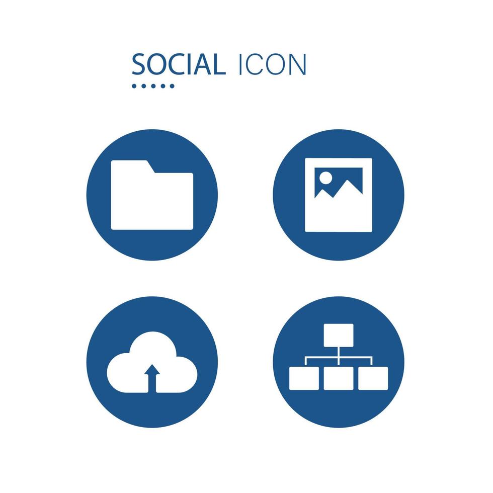 símbolo de carpeta, imagen, carga en la nube e iconos de organigrama en forma de círculo azul aislado en fondo blanco. iconos sobre ilustración de vector social.