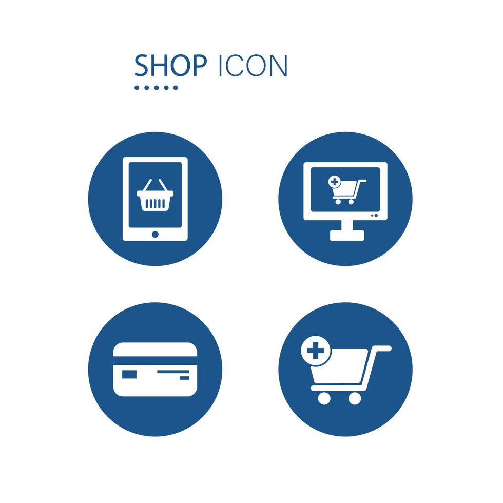 símbolo de compras en línea e iconos de tarjetas de crédito en forma de círculo azul aislado en fondo blanco. ilustración vectorial vector