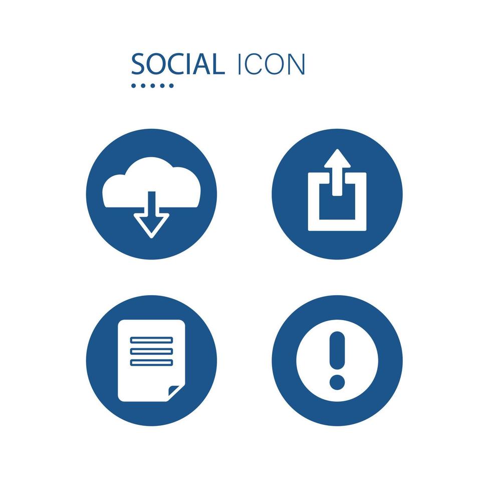 Symbol of Cloud download, Upload, File document and Warn icons. 2 icons on blue circle shape isolated on white background. Icons about social vector illustration.