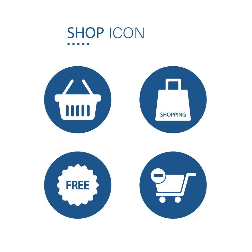 Symbol of shopping basket or shopping bag and free sign icons on blue circle shape isolated on white background. Vector illustration.