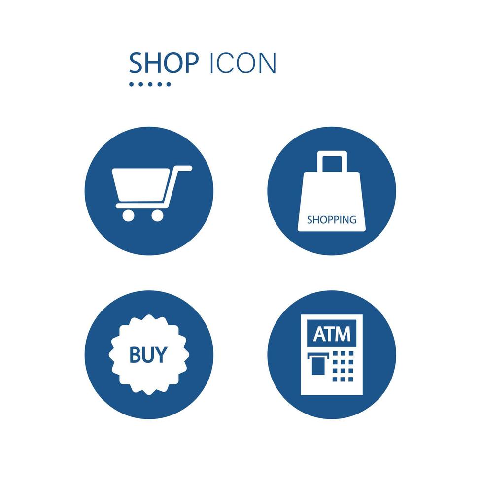 Symbol of shop equipment icons on blue circle shape isolated on white background. Vector illustration.