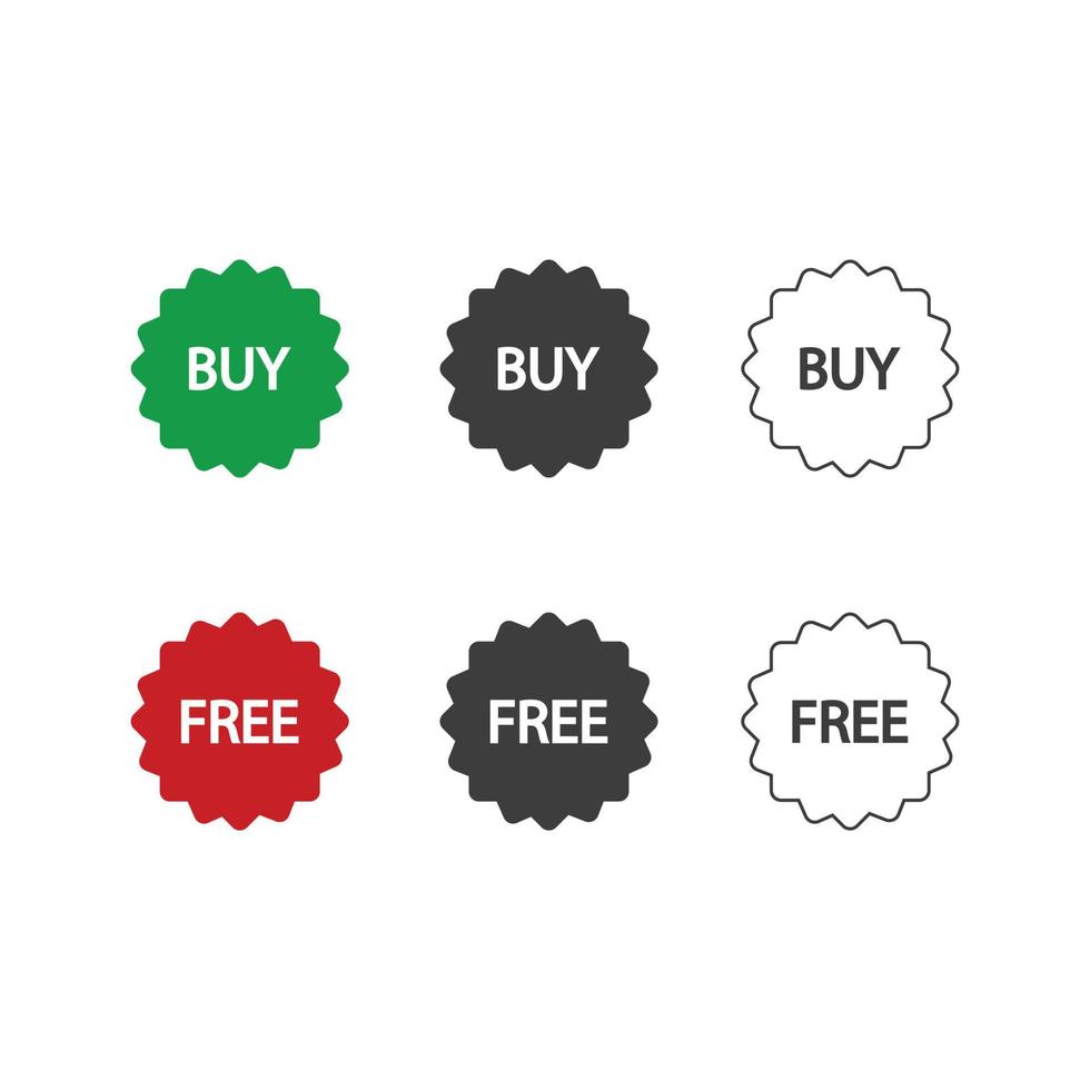 Buy and Free flat design or Buy and Free icons. 3 style of buy and free icons isolated on white background. vector