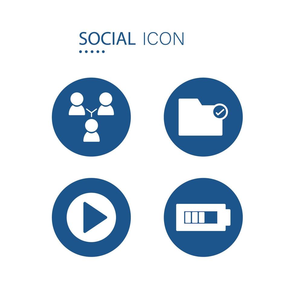 símbolo de gráfico de jerarquía, comprobación de carpetas, reproducción e iconos de batería. 2 iconos en forma de círculo azul aislado sobre fondo blanco. iconos sobre ilustración de vector social.