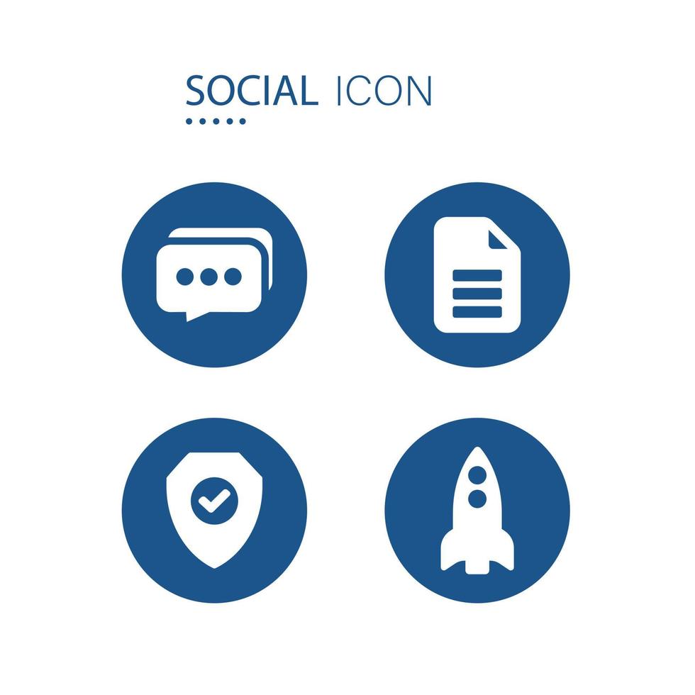 Symbol of Chat, File document, Shield check mark and Rocket icons. 2 icons on blue circle shape isolated on white background. Icons about social vector illustration.