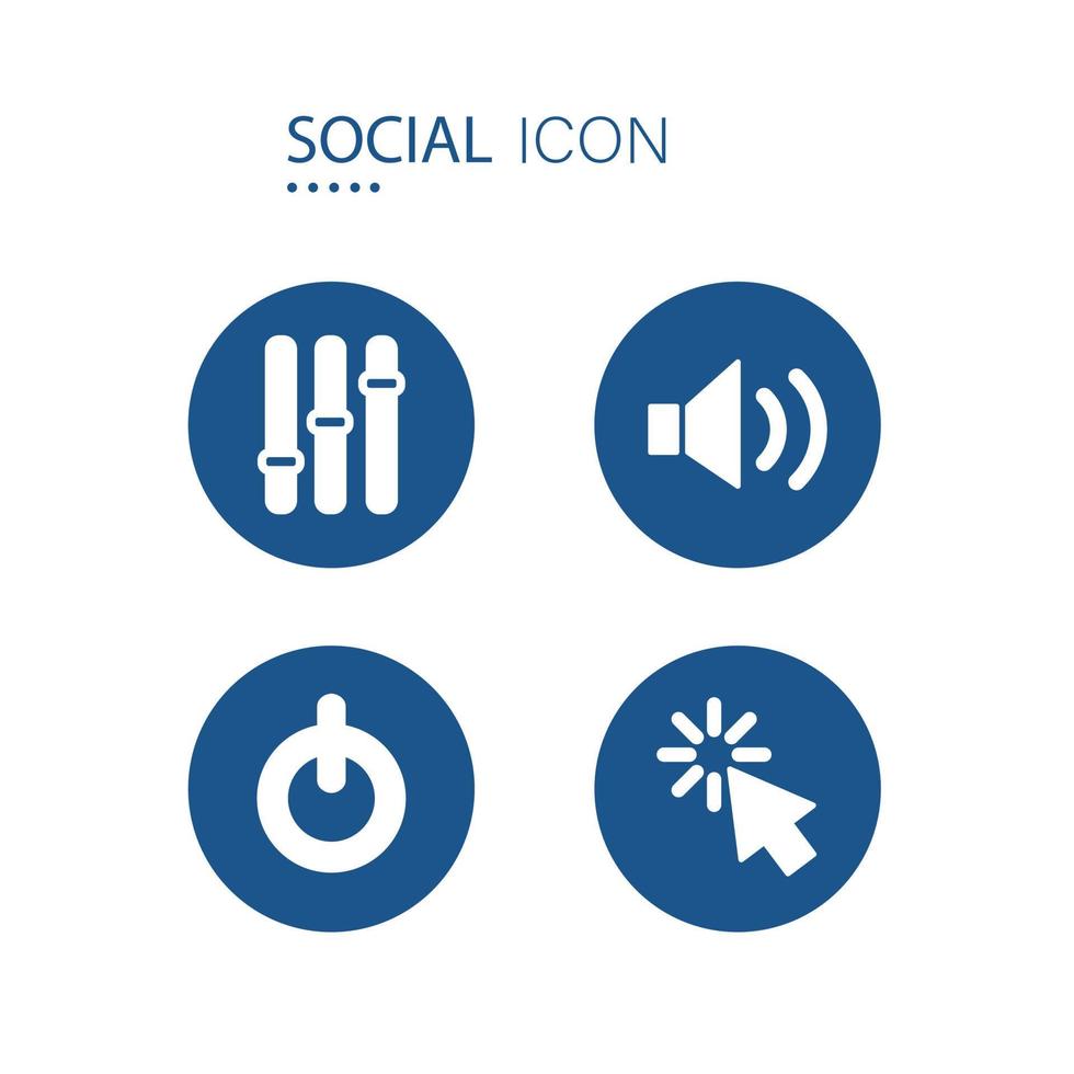 Symbol of Sound mixer, Speaker, Power button and Cursor mouse icons. 2 icons on blue circle shape isolated on white background. Icons about social vector illustration.
