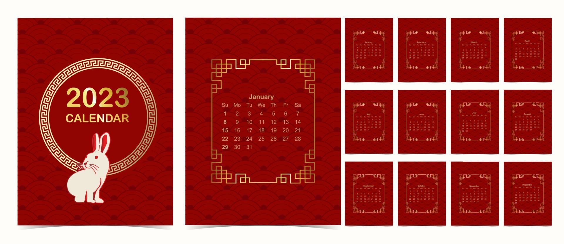 2023 red table calendar week start on Sunday with chinese pattern vector