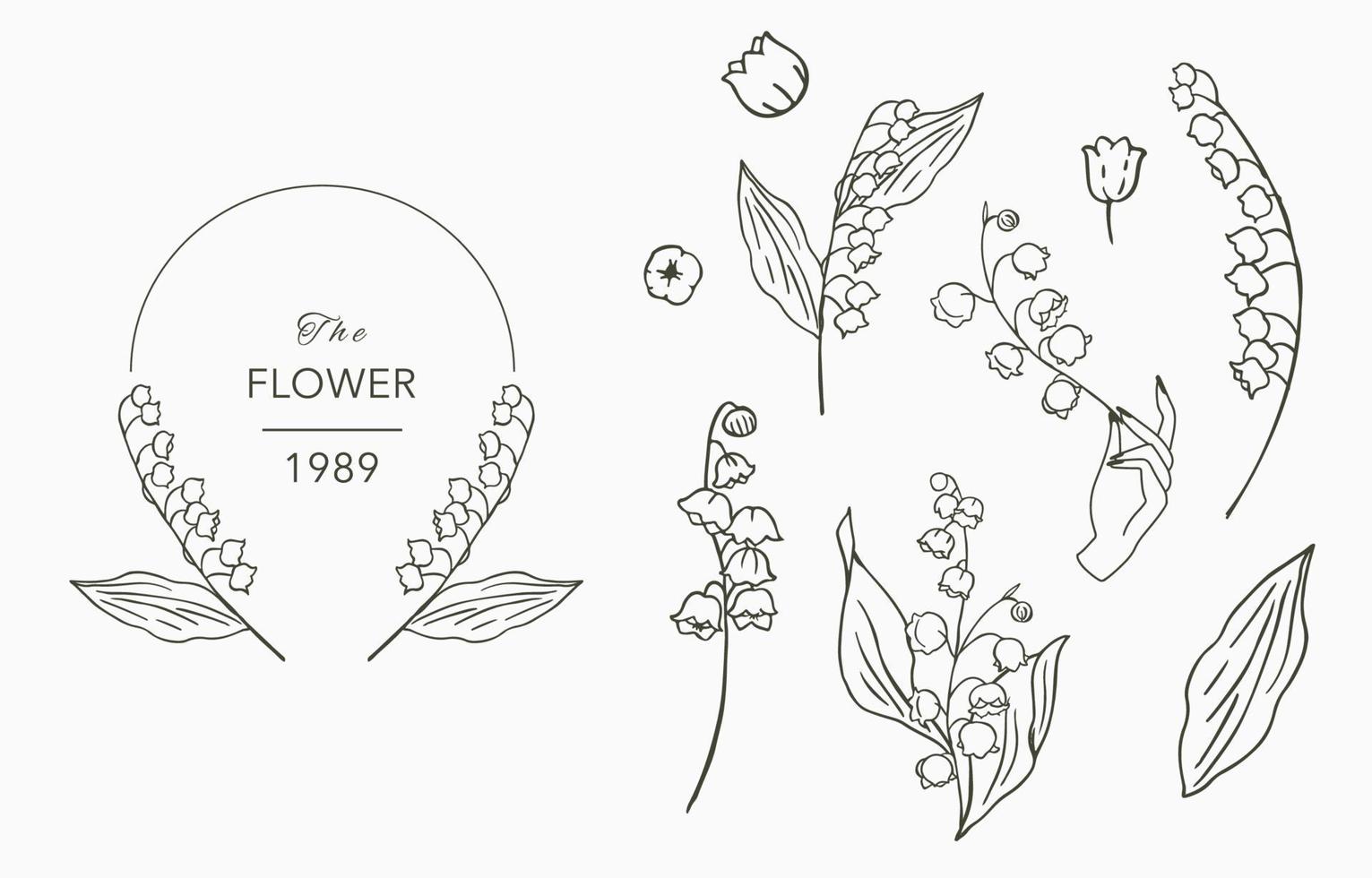 Line object collection with hand,magnolia,rose,lavender,jasmine,leaf,flower,sunflower vector