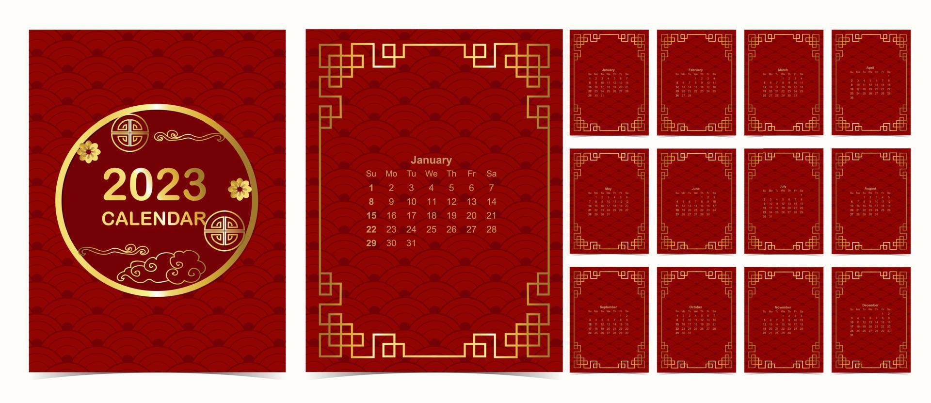 2023 red table calendar week start on Sunday with chinese pattern vector