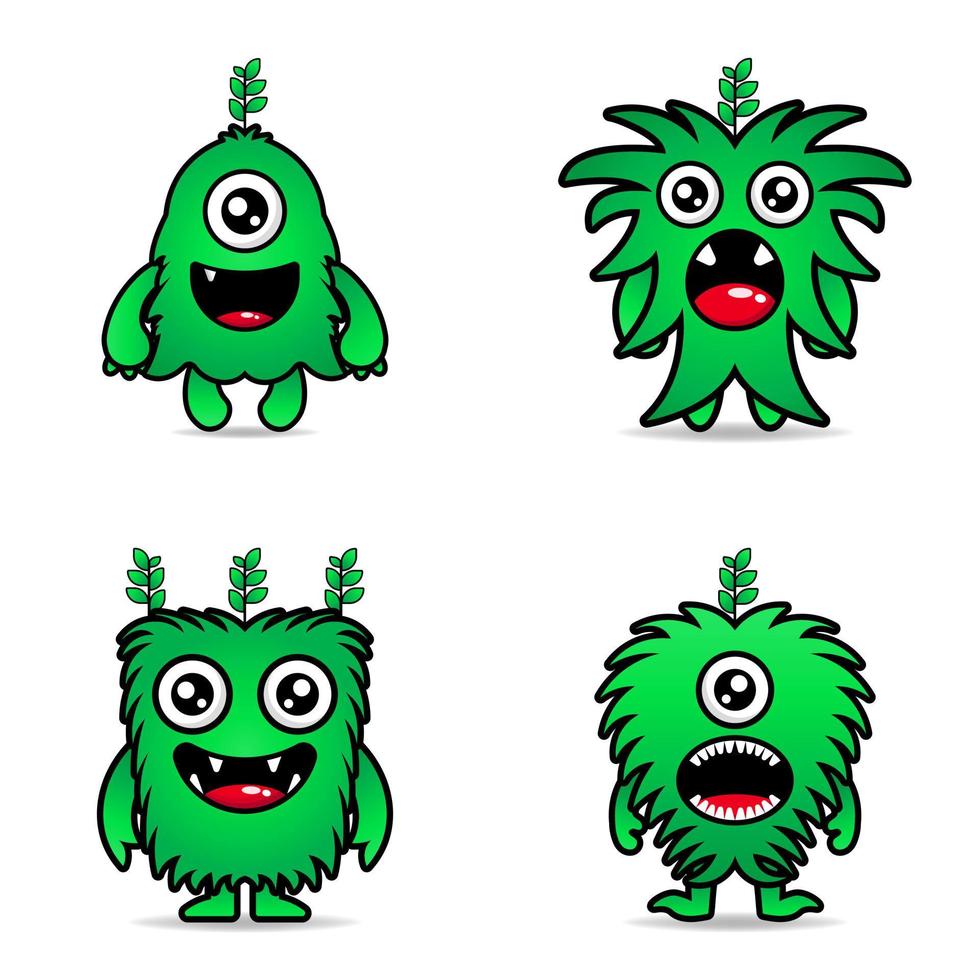set cute green monsters design mascot kawaii vector