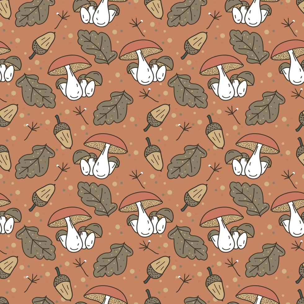 Autumn vector seamless pattern with hand drawn funguses, fall leaves, berries.