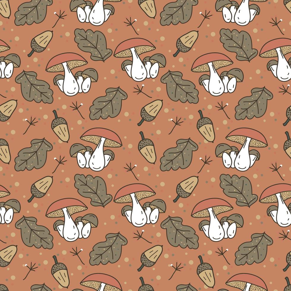 Autumn vector seamless pattern with hand drawn funguses, fall leaves, berries.