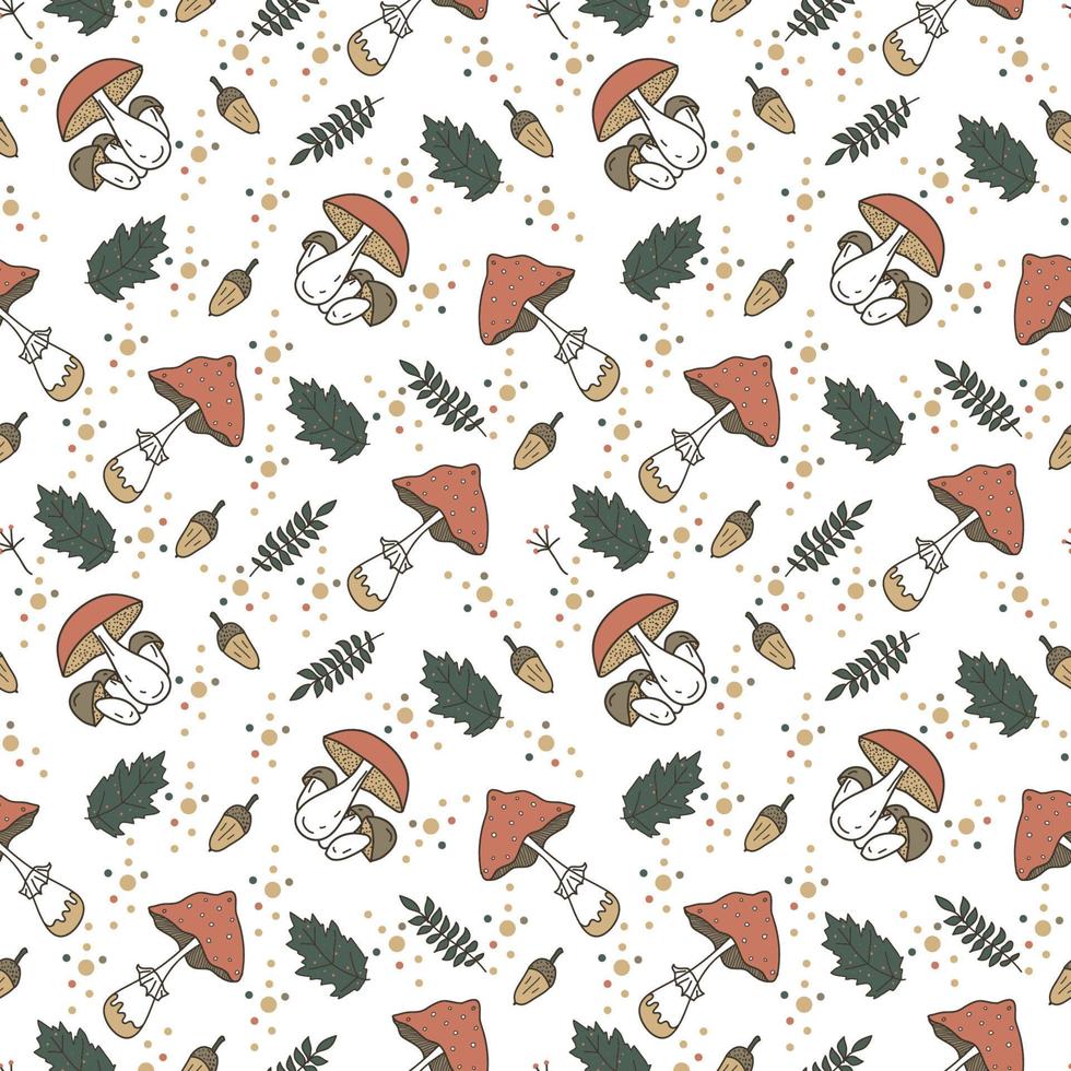 Autumn vector seamless pattern with hand drawn funguses, fall leaves, berries.