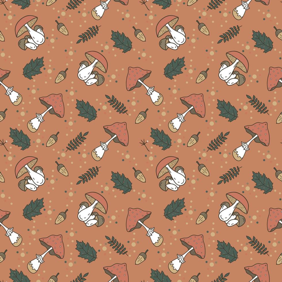 Autumn vector seamless pattern with hand drawn funguses, fall leaves, berries.
