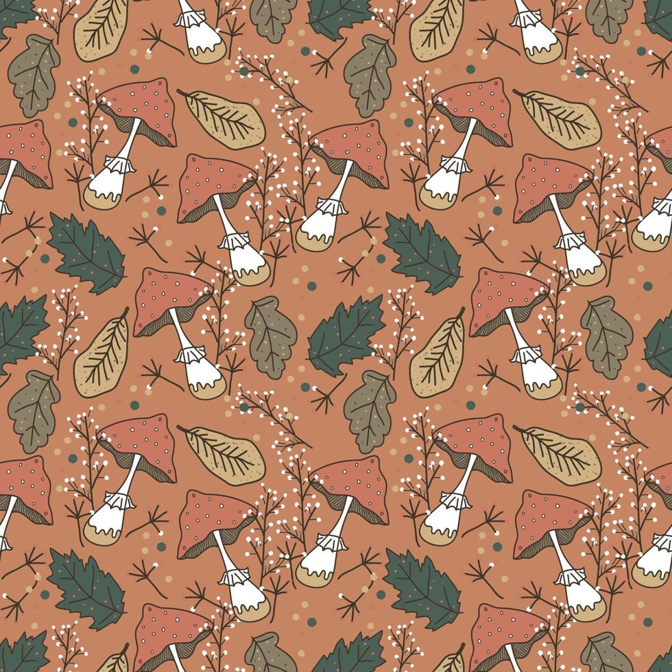 Autumn vector seamless pattern with hand drawn funguses, fall leaves, berries.