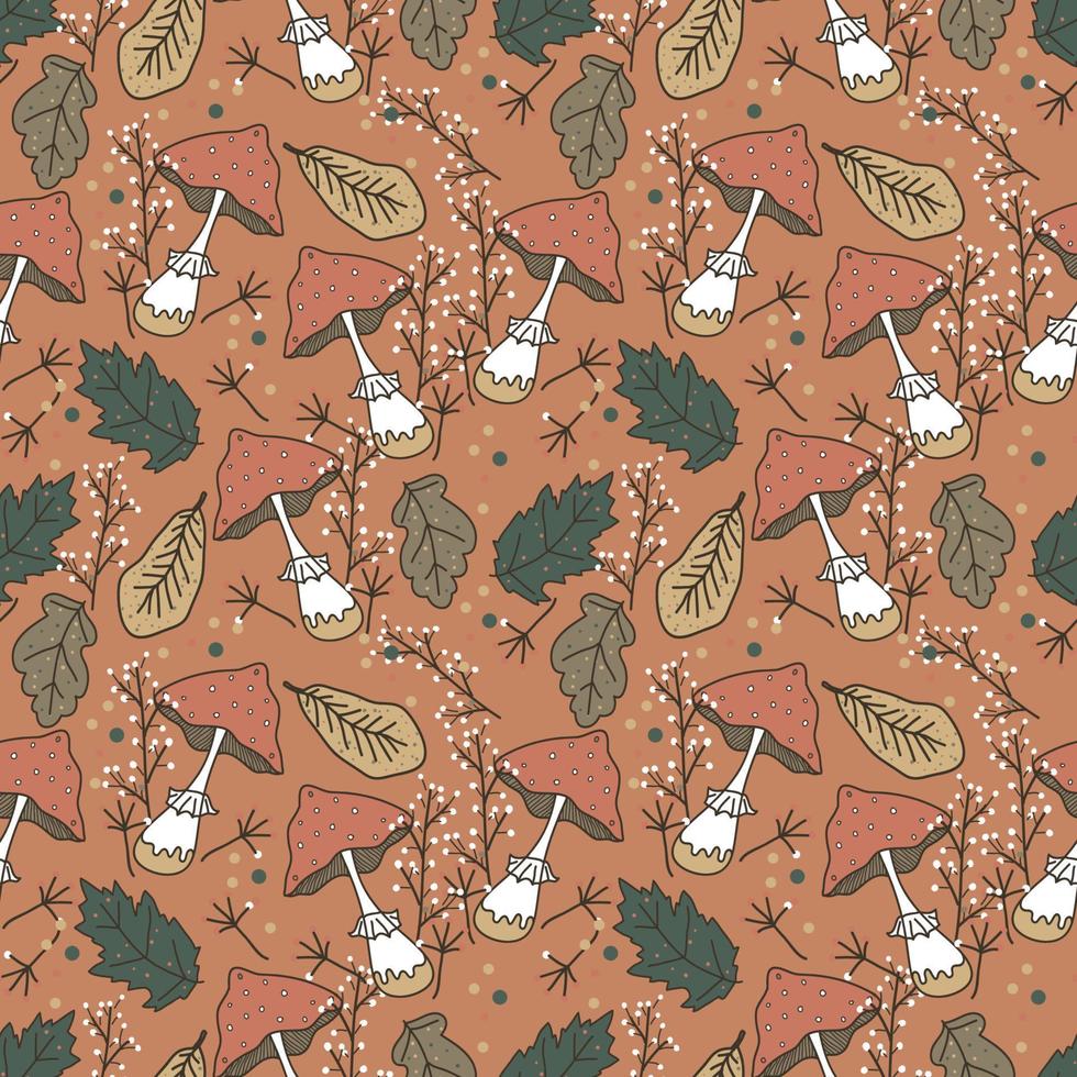 Autumn vector seamless pattern with hand drawn funguses, fall leaves, berries.