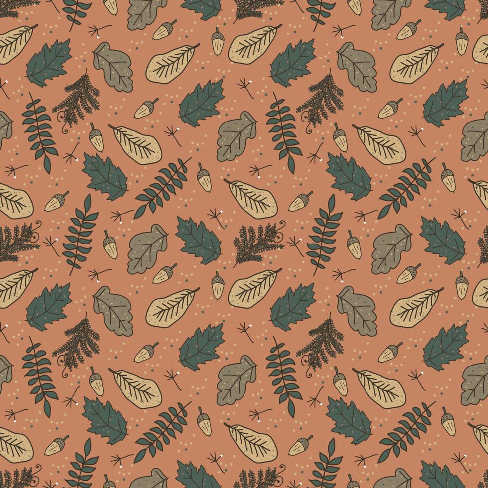 Autumn vector seamless pattern with hand drawn  fall leaves, berries.