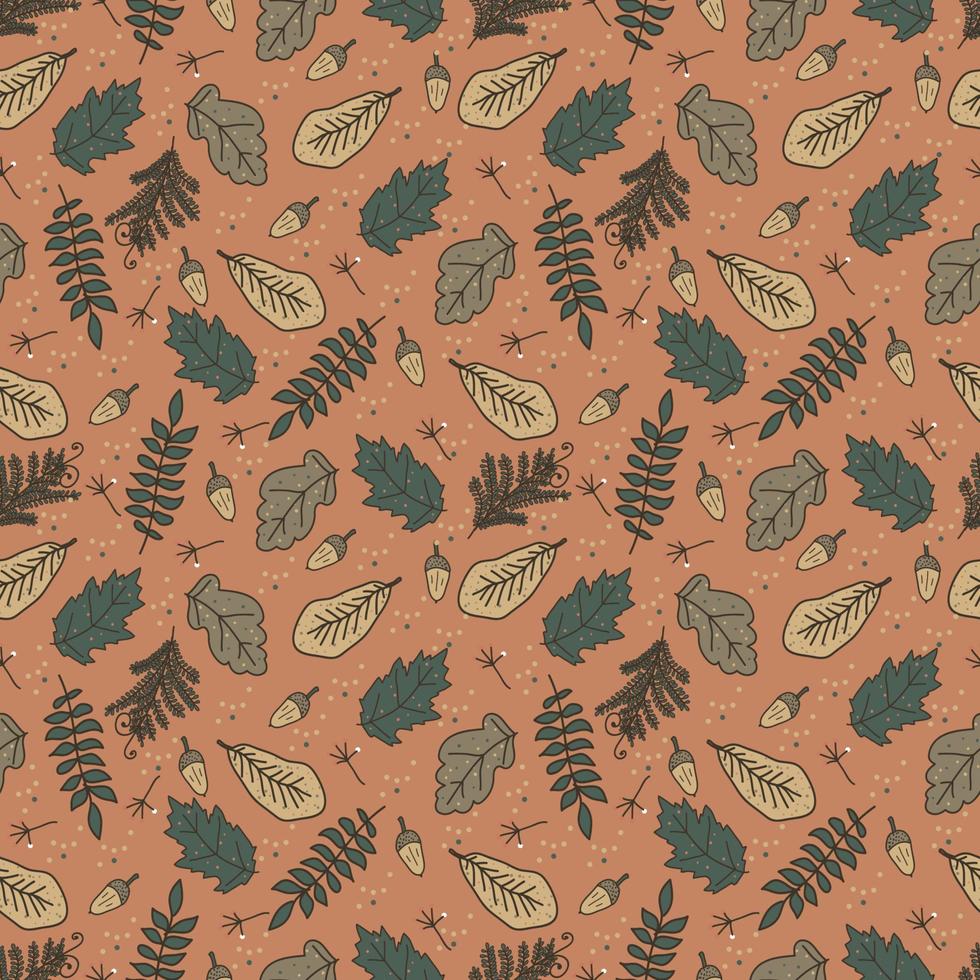 Autumn vector seamless pattern with hand drawn  fall leaves, berries.