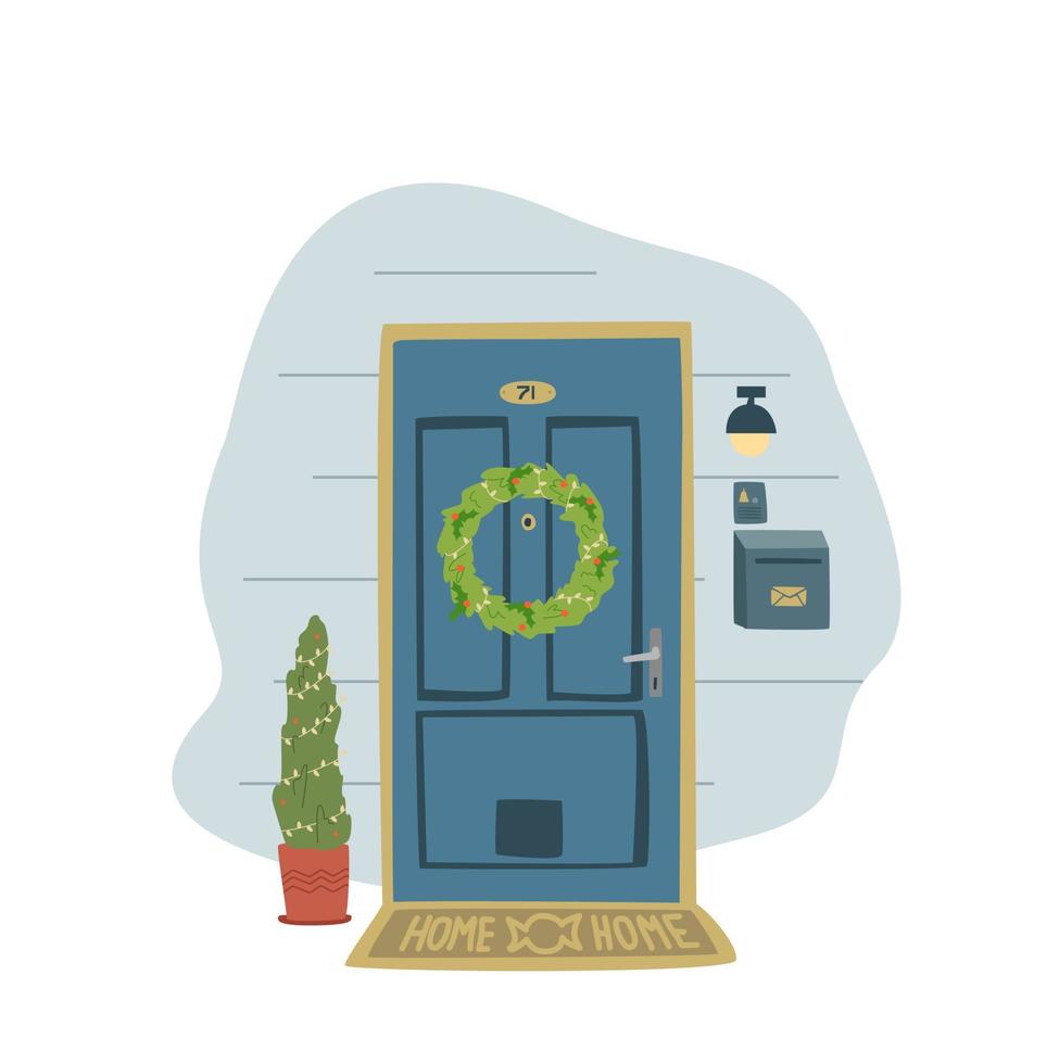 X-Mas decorated home front door. Christmas tree by the house door with Wreath and Deco for party. Postcard, invitation or poser for new year and Merry Christmas. vector