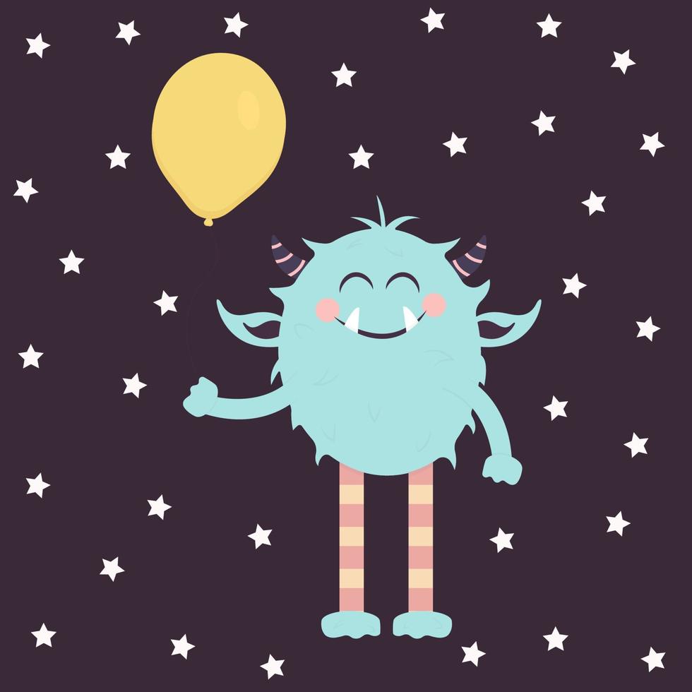 Cute smiling blue monster holding yellow balloon on dark background with stars. Illustration Can be used like print or in typography vector