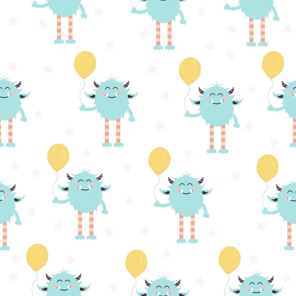 Seamless pattern with cute smiling blue monster holding yellow balloon. Illustration Can be used like print or in typography vector