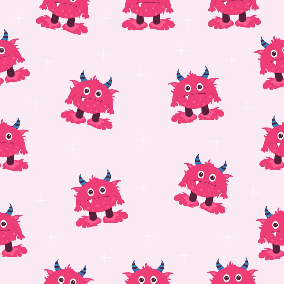 Seamless pattern with pink monster with horns, one tooth and big eyes. The illustration can be used like charakter for childish print vector