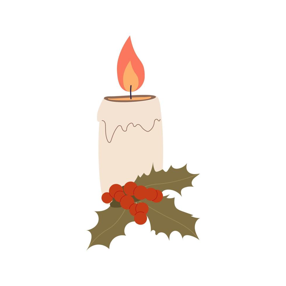 Christmas candel decorated with leaves and holly berries isolated on the white background. Flat vector illustration