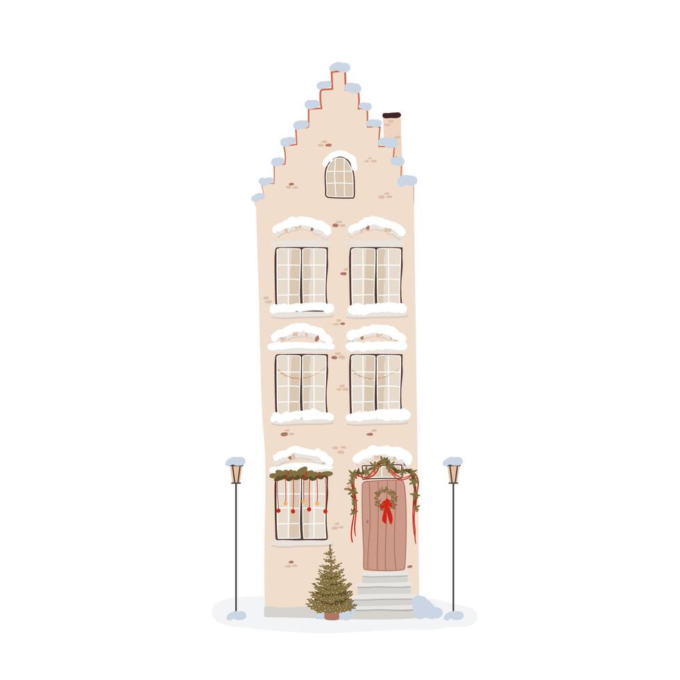 fachada de casa de europa de invierno con decoración de vacaciones de navidad y corona de puerta y guirnalda, y árbol de navidad en la olla. arquitectura con ambiente navideño. ilustración vectorial aislado en blanco vector