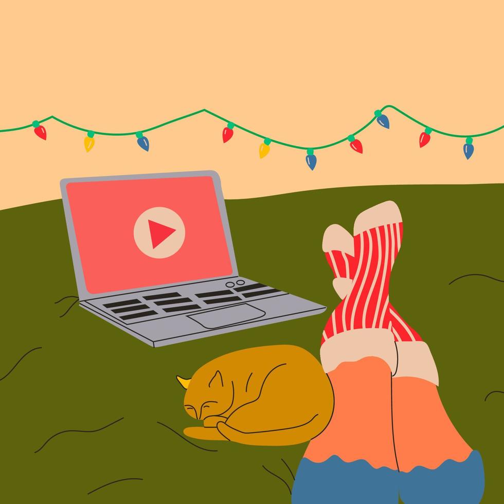 Woman lies on the bed and watches series on laptop with cat in her cute room. vector